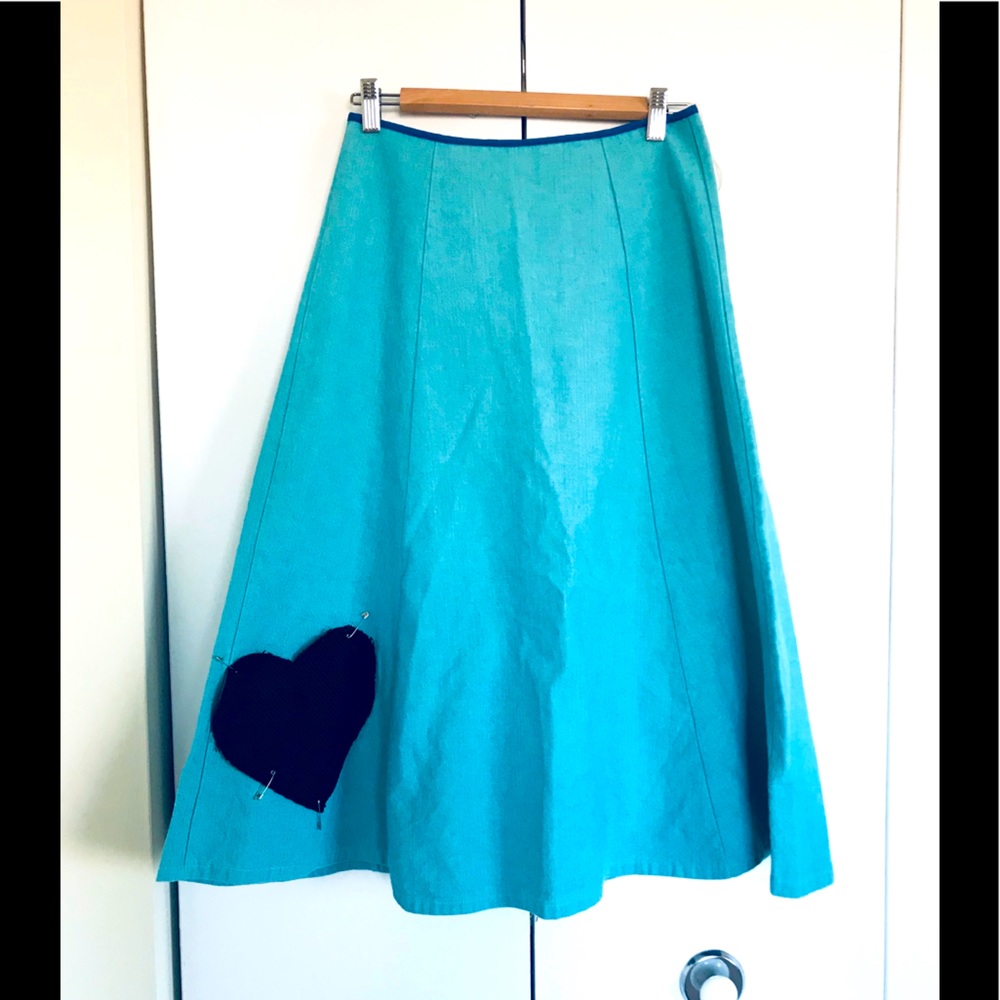 Vintage poodle-style skirt with heart, teal denim